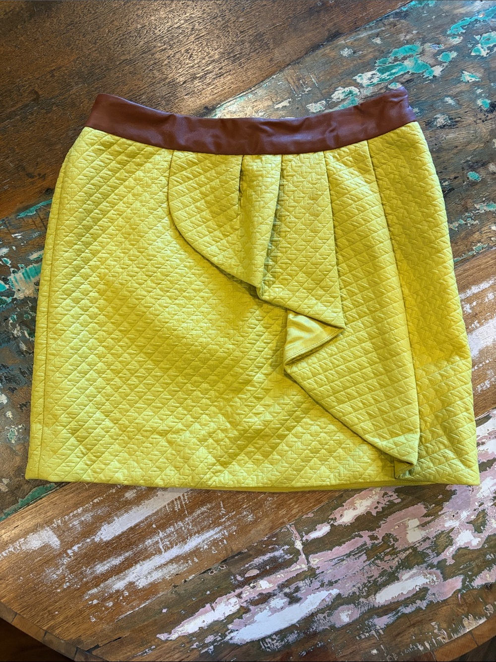 HD in Paris (Anthropologie)Yellow Quilted Ruffle Mini Skirt / Faux Leather Waist